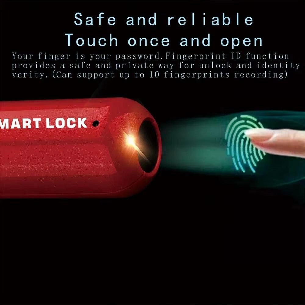 Mini Biometric Fingerprint Padlock with keyless unlocking, USB rechargeable, and fast fingerprint recognition for secure and convenient travel, work, or home use.